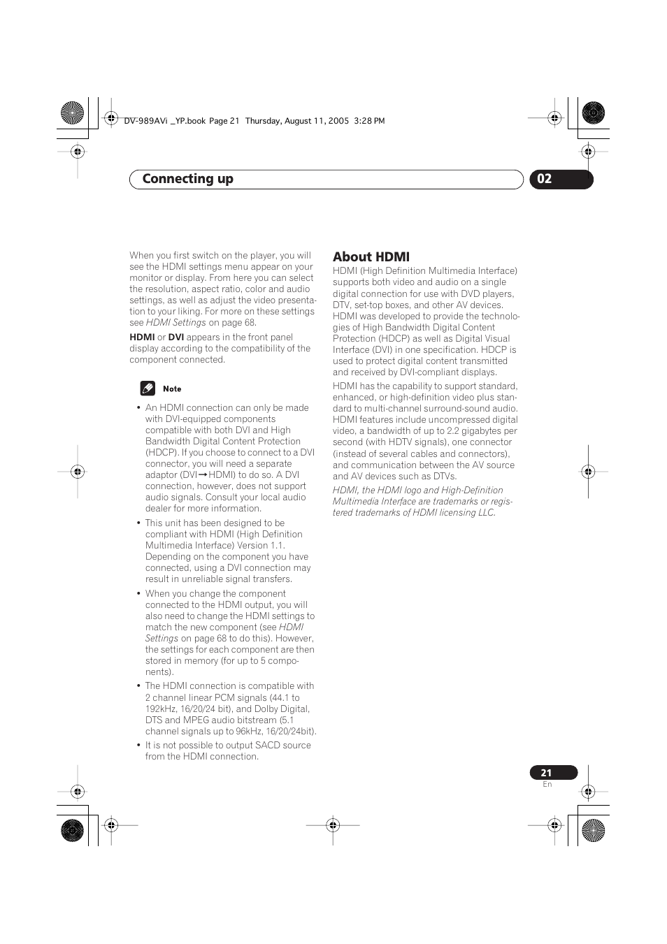 About hdmi, Connecting up 02 | Pioneer DV-989AVi-G User Manual | Page 21 / 96