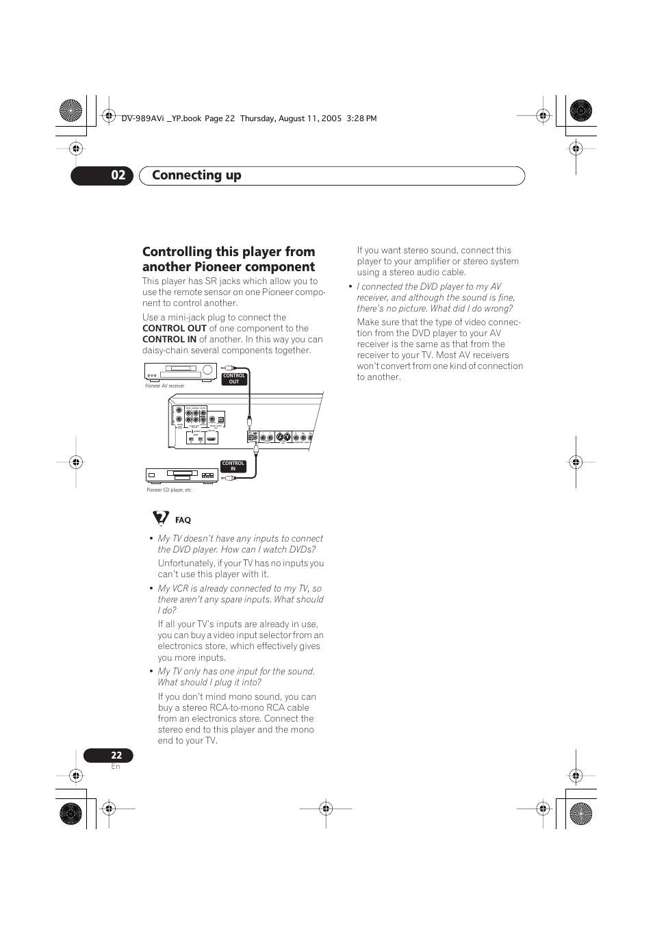 Connecting up 02, Control out, Of one component to the | Control in | Pioneer DV-989AVi-G User Manual | Page 22 / 96