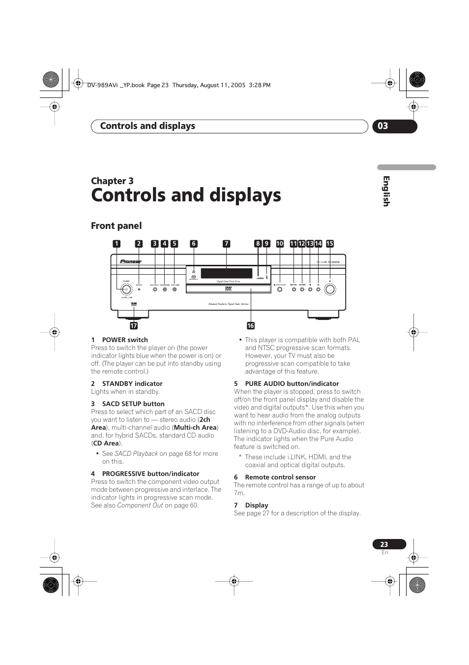 03 controls and displays, Front panel, Controls and displays | Controls and displays 03, Chapter 3 | Pioneer DV-989AVi-G User Manual | Page 23 / 96