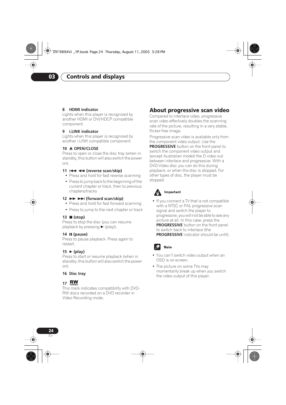 About progressive scan video, Controls and displays 03 | Pioneer DV-989AVi-G User Manual | Page 24 / 96