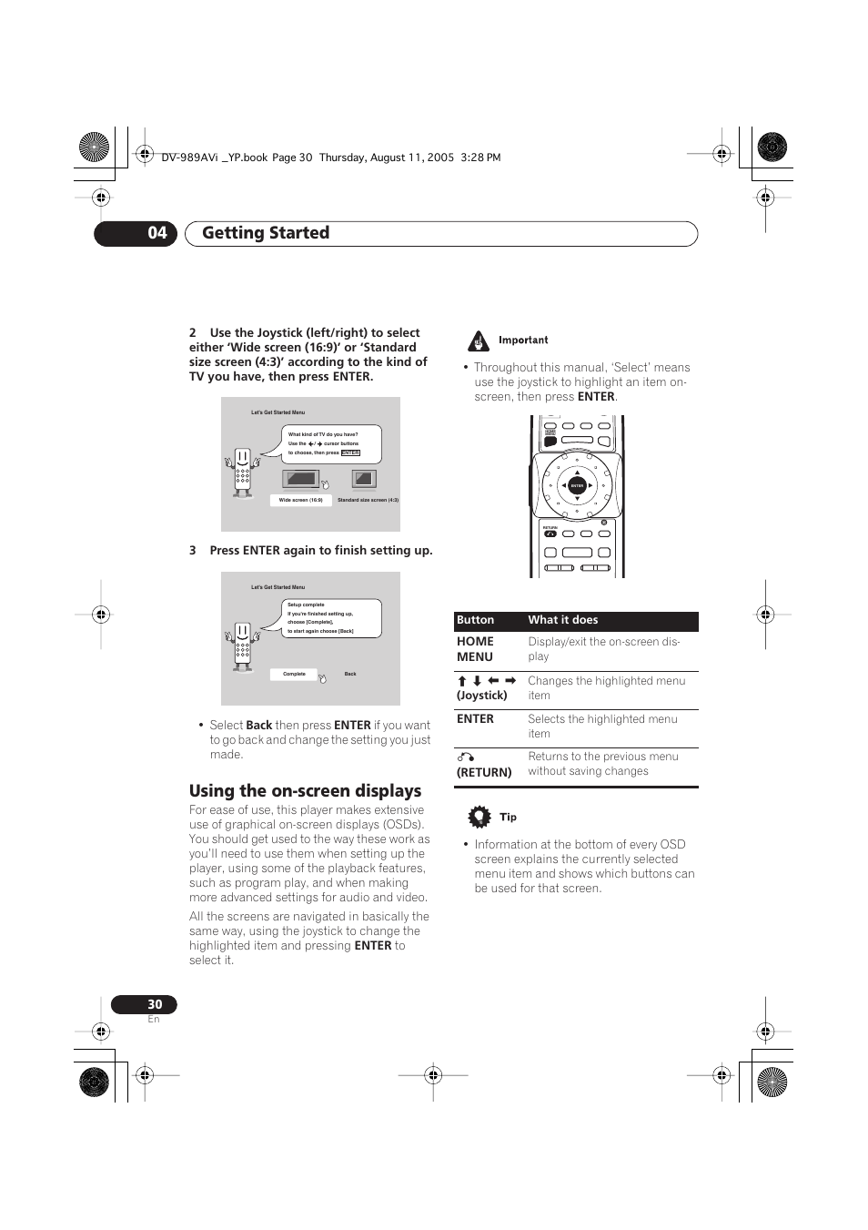 Using the on-screen displays, Getting started 04 | Pioneer DV-989AVi-G User Manual | Page 30 / 96