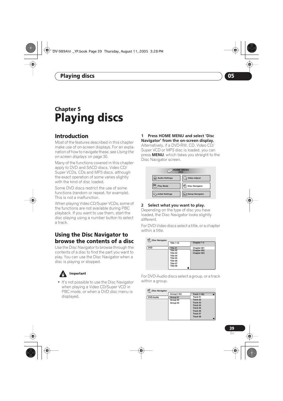 05 playing discs, Introduction, Playing discs | Playing discs 05, Chapter 5 | Pioneer DV-989AVi-G User Manual | Page 39 / 96