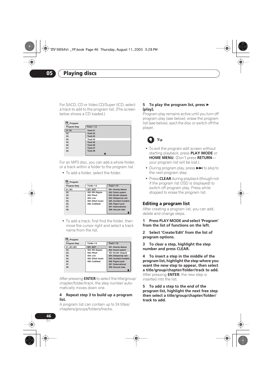 Editing a program list, Playing discs 05 | Pioneer DV-989AVi-G User Manual | Page 46 / 96