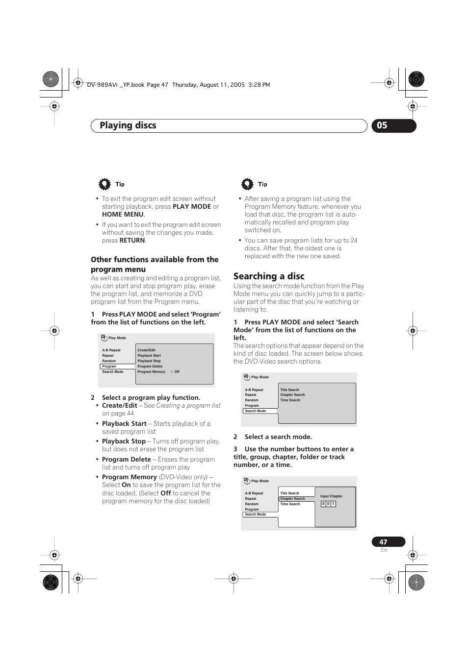 Other functions available from the program menu, Searching a disc, Playing discs 05 | Pioneer DV-989AVi-G User Manual | Page 47 / 96