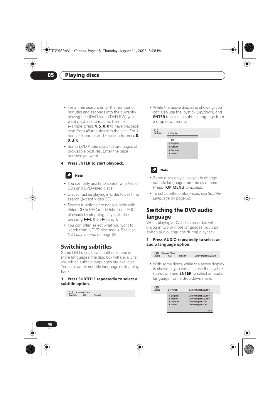 Switching subtitles, Switching the dvd audio language, Playing discs 05 | Pioneer DV-989AVi-G User Manual | Page 48 / 96