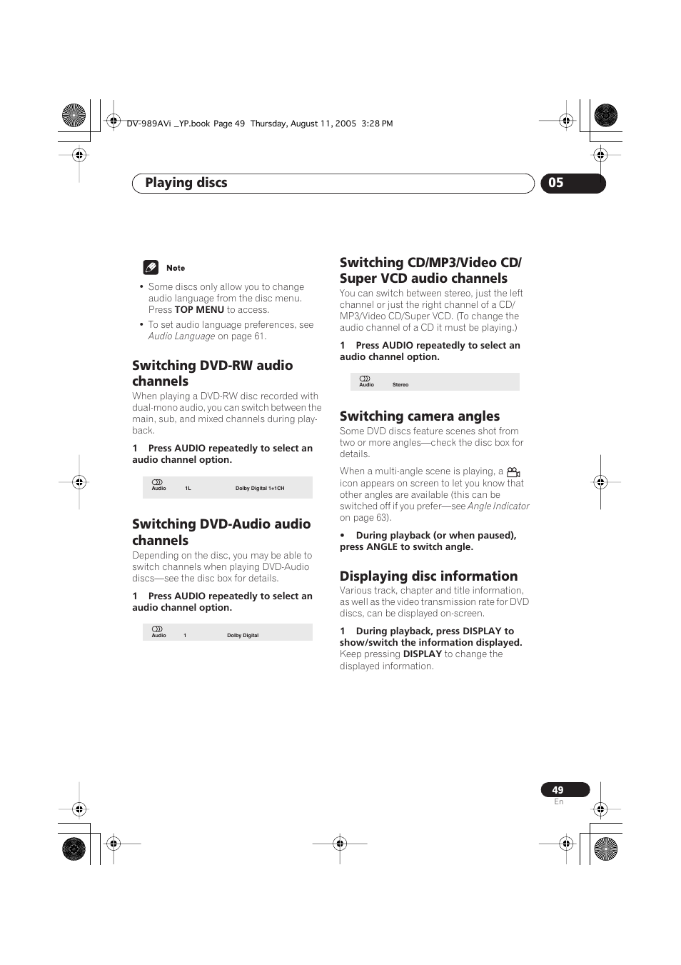 Switching dvd-rw audio channels, Switching dvd-audio audio channels, Switching camera angles | Displaying disc information, Playing discs 05 | Pioneer DV-989AVi-G User Manual | Page 49 / 96