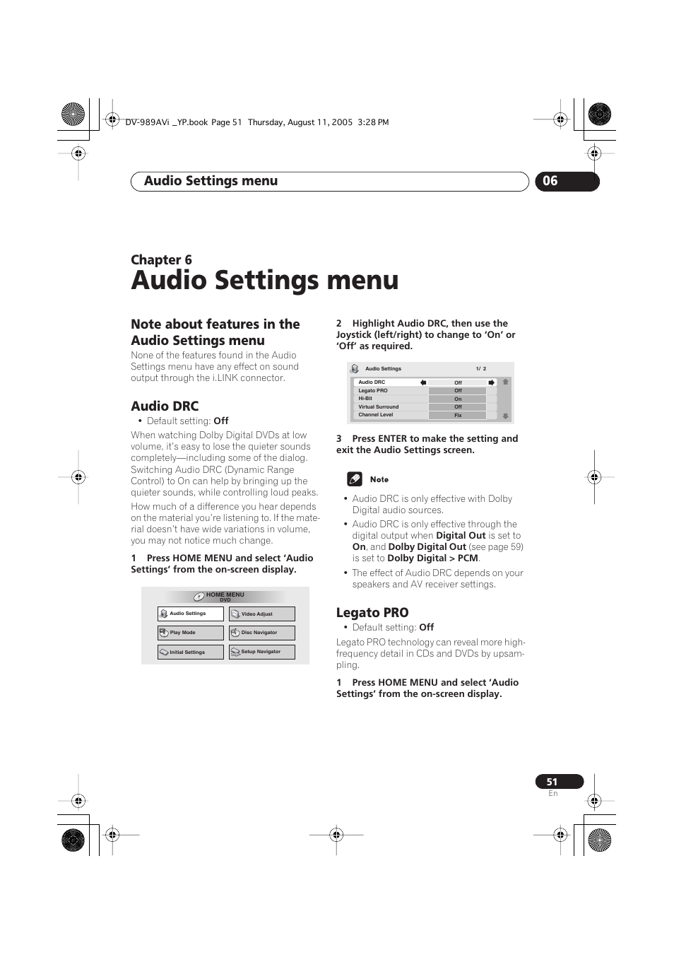 06 audio settings menu, Note about features in the audio settings menu, Audio drc | Legato pro, Audio settings menu, Audio settings menu 06, Chapter 6 | Pioneer DV-989AVi-G User Manual | Page 51 / 96