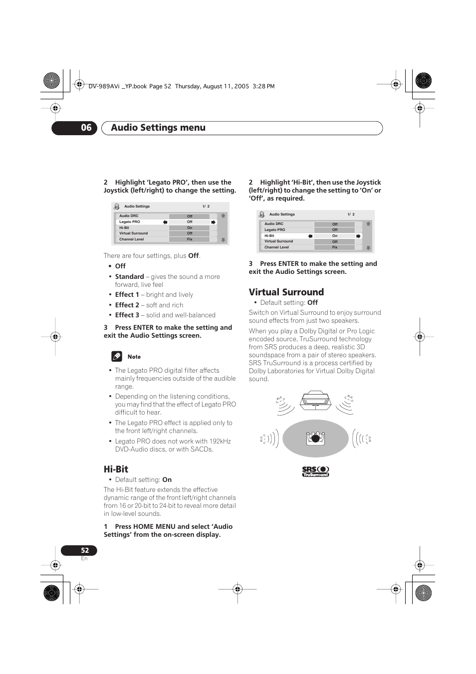 Hi-bit, Virtual surround, Audio settings menu 06 | Pioneer DV-989AVi-G User Manual | Page 52 / 96