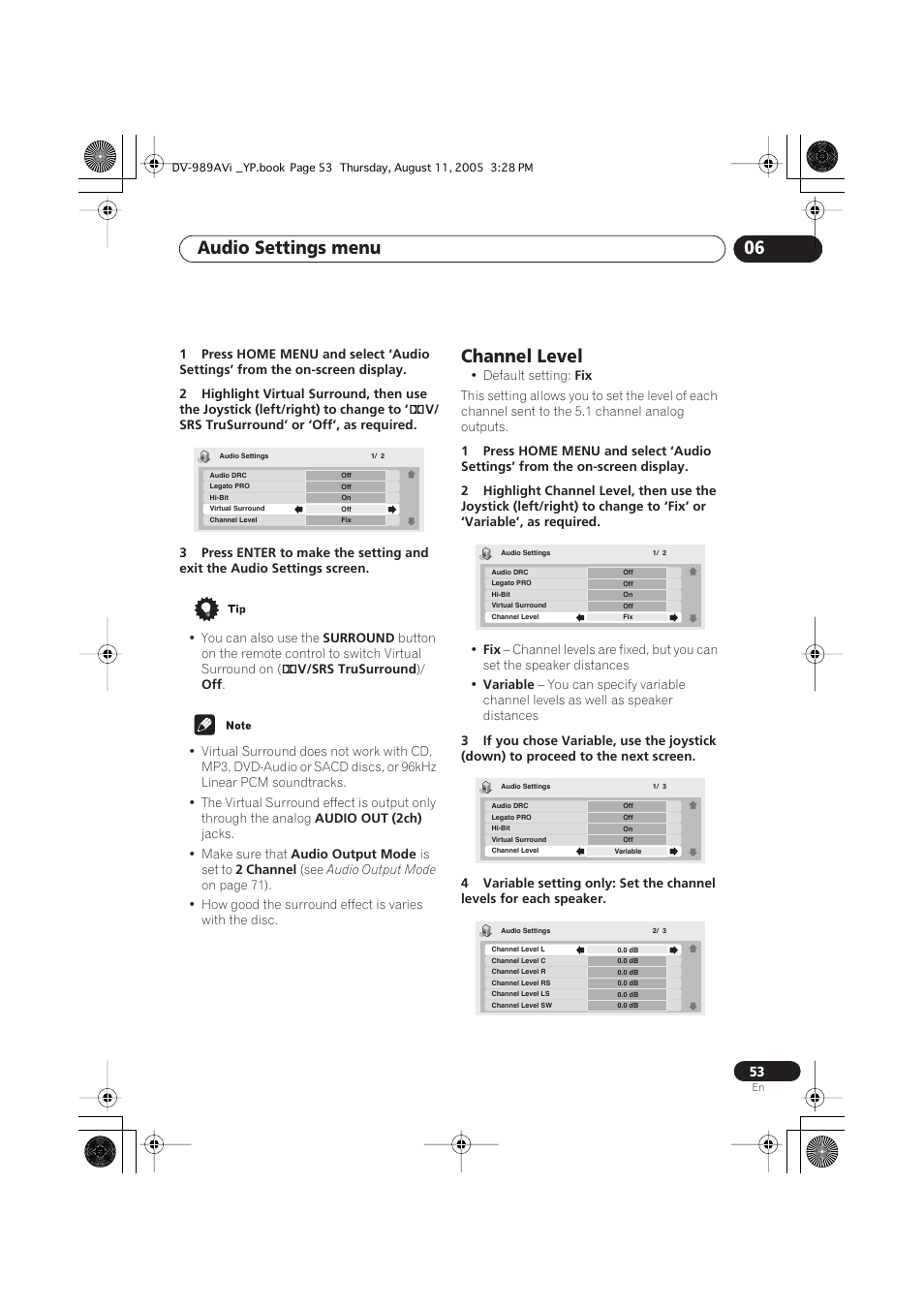 Channel level, Audio settings menu 06 | Pioneer DV-989AVi-G User Manual | Page 53 / 96