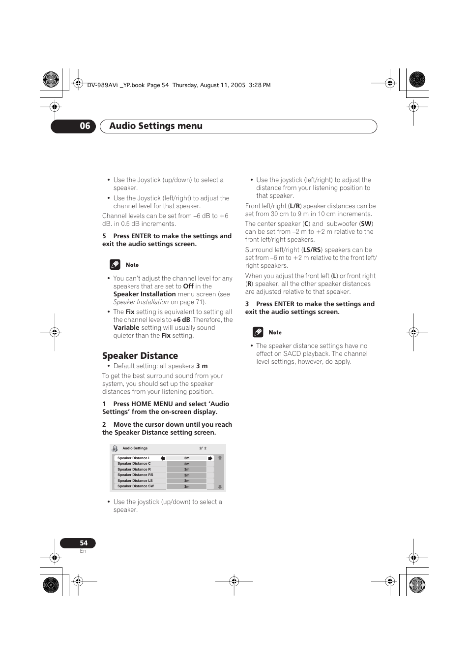 Speaker distance, Audio settings menu 06 | Pioneer DV-989AVi-G User Manual | Page 54 / 96