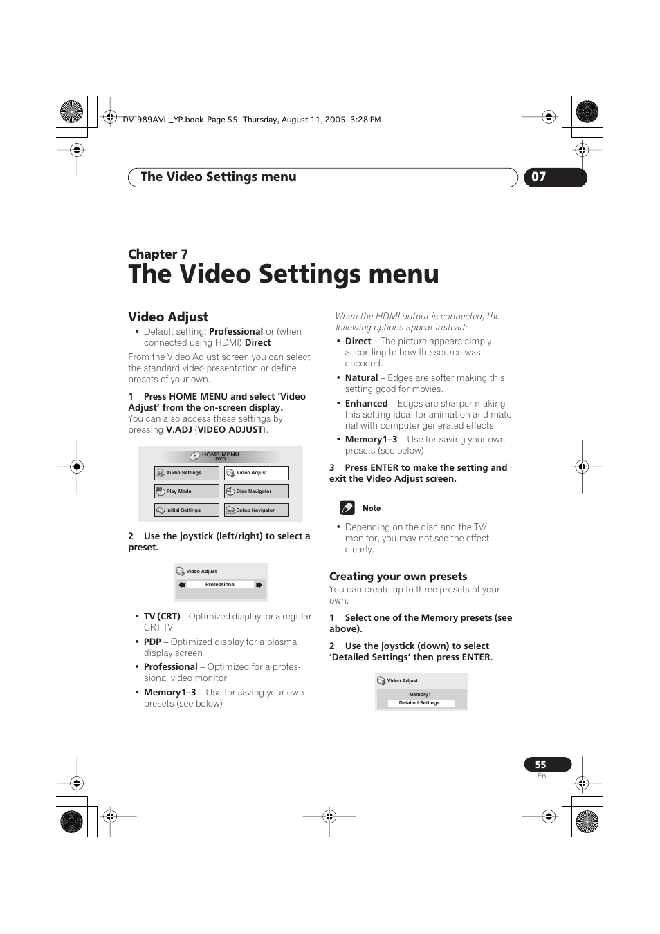 07 the video settings menu, Video adjust, Creating your own presets | The video settings menu, The video settings menu 07, Chapter 7 | Pioneer DV-989AVi-G User Manual | Page 55 / 96
