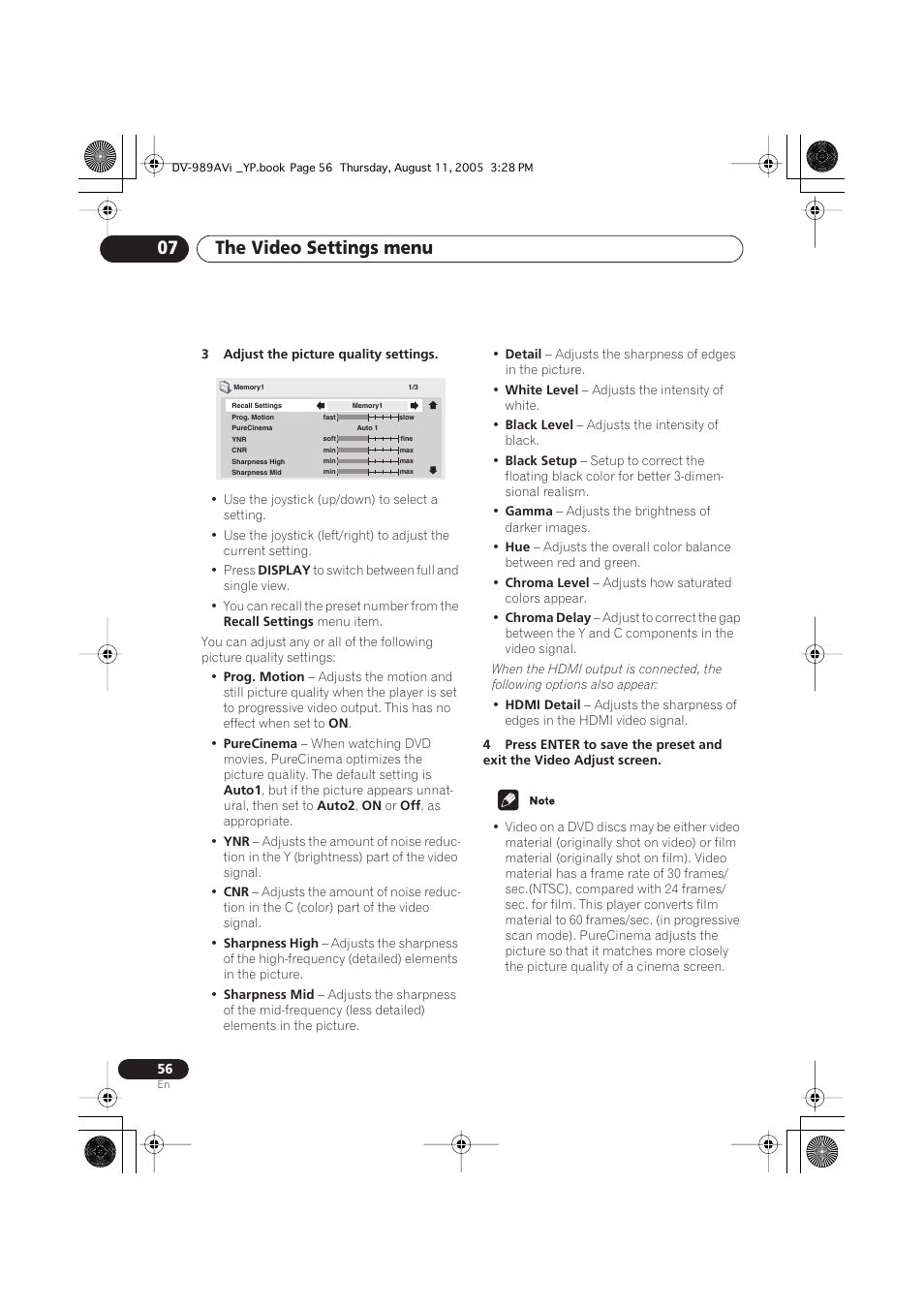 The video settings menu 07 | Pioneer DV-989AVi-G User Manual | Page 56 / 96