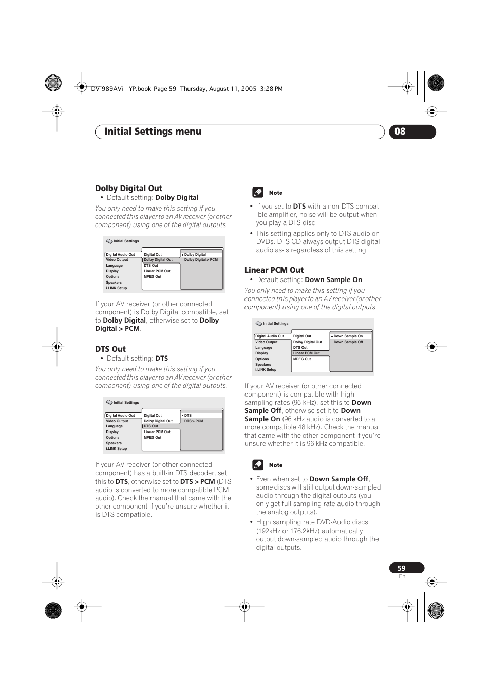 Dolby digital out, Dts out, Linear pcm out | Initial settings menu 08 | Pioneer DV-989AVi-G User Manual | Page 59 / 96