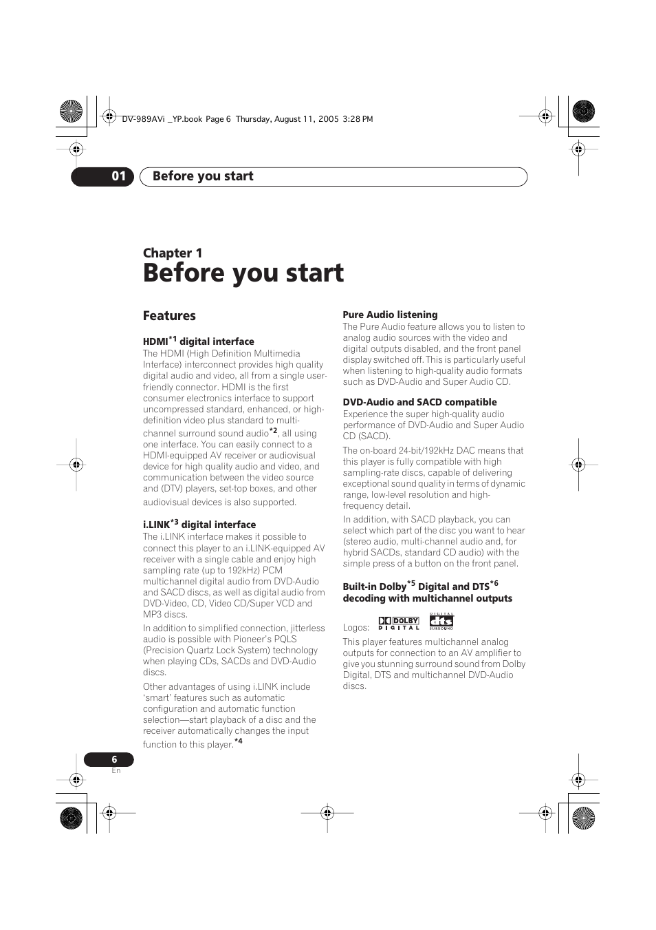 01 before you start, Features, Before you start | Before you start 01, Chapter 1 | Pioneer DV-989AVi-G User Manual | Page 6 / 96