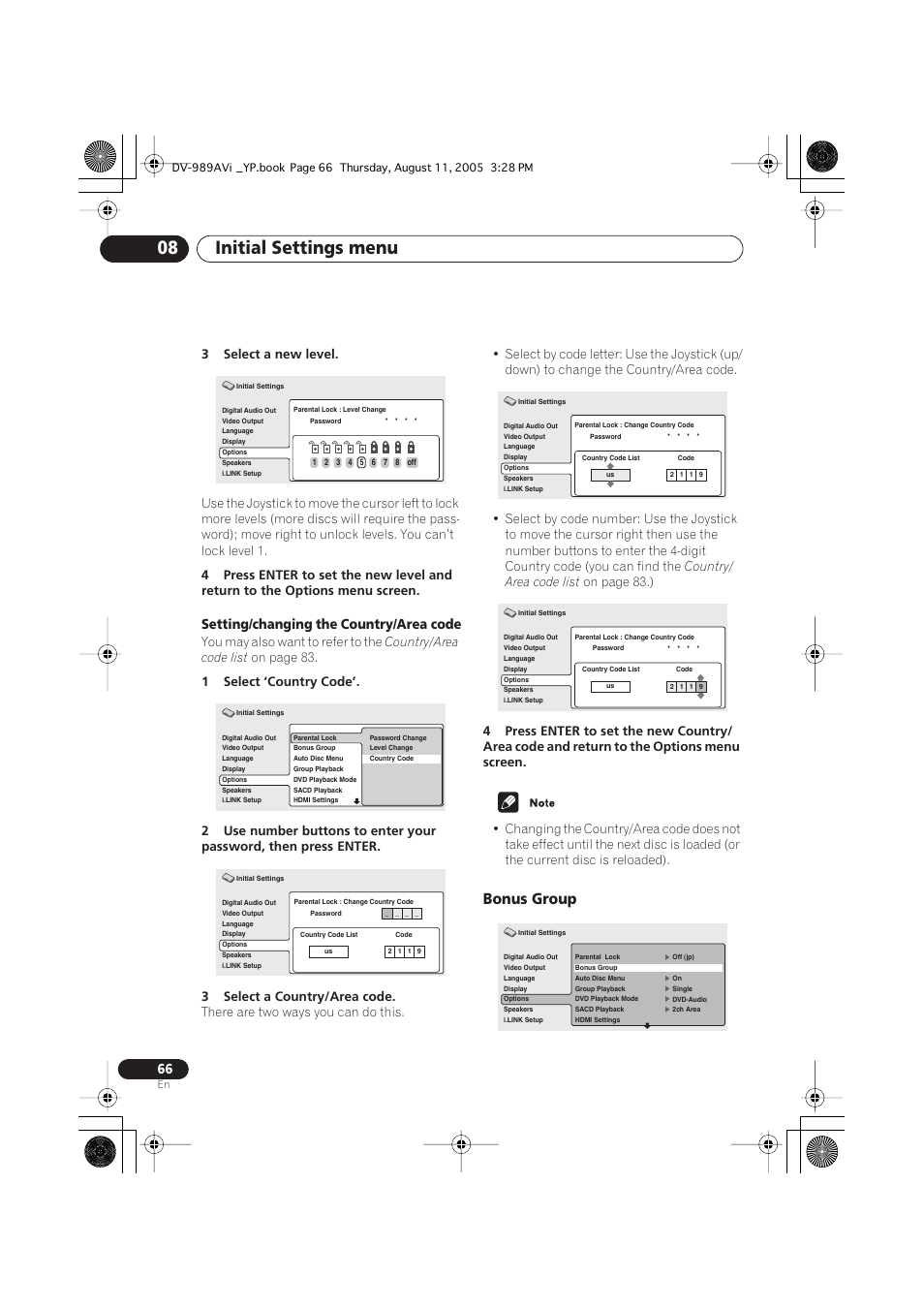 Bonus group, Initial settings menu 08, Setting/changing the country/area code | 3select a new level, You may also want to refer to the, Country/area code list, On page 83, Country/ area code list, On page 83.) | Pioneer DV-989AVi-G User Manual | Page 66 / 96