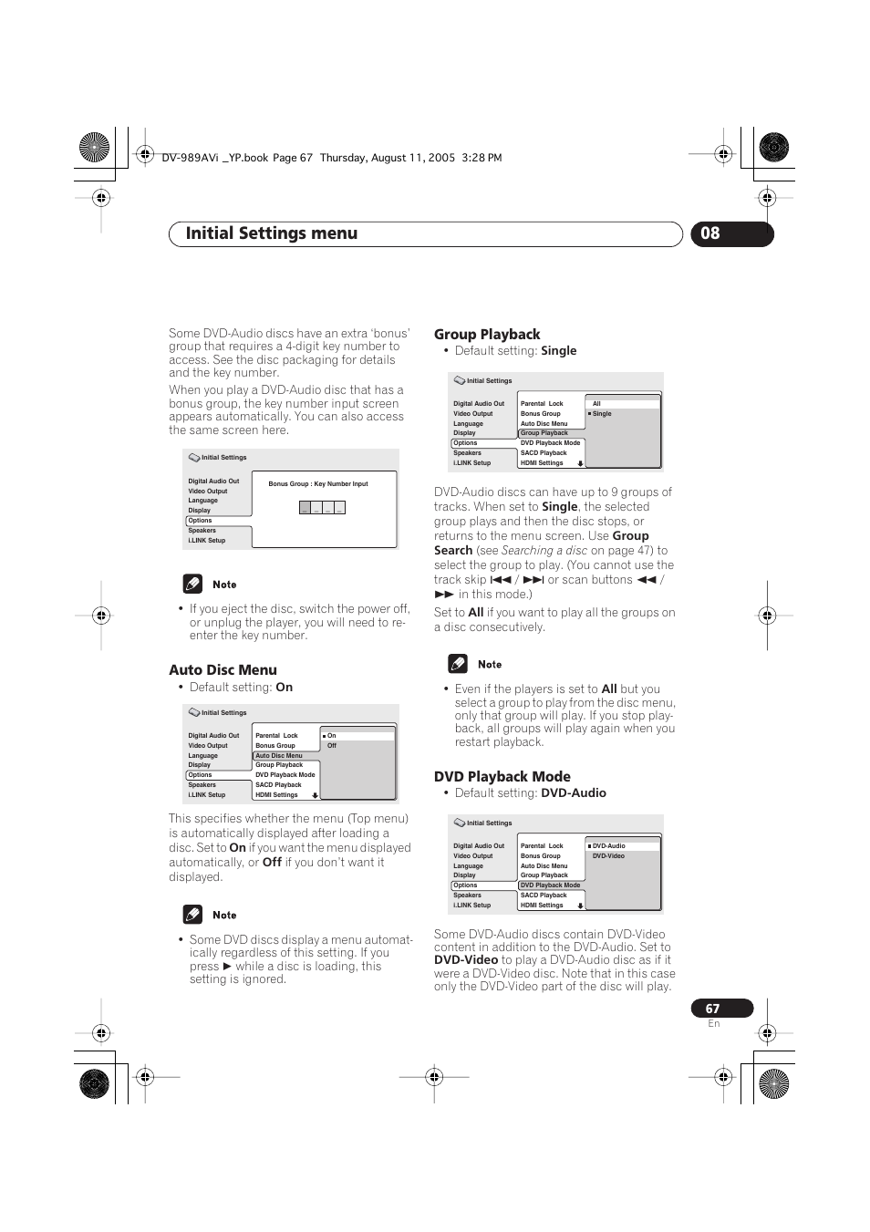 Auto disc menu, Group playback, Dvd playback mode | Initial settings menu 08 | Pioneer DV-989AVi-G User Manual | Page 67 / 96