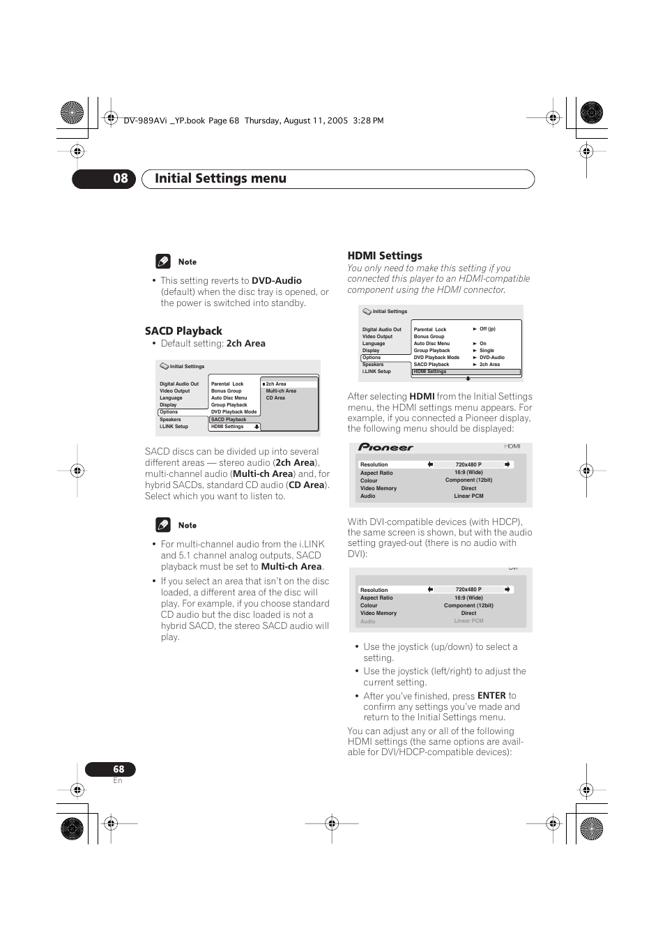 Sacd playback, Hdmi settings, Initial settings menu 08 | Pioneer DV-989AVi-G User Manual | Page 68 / 96