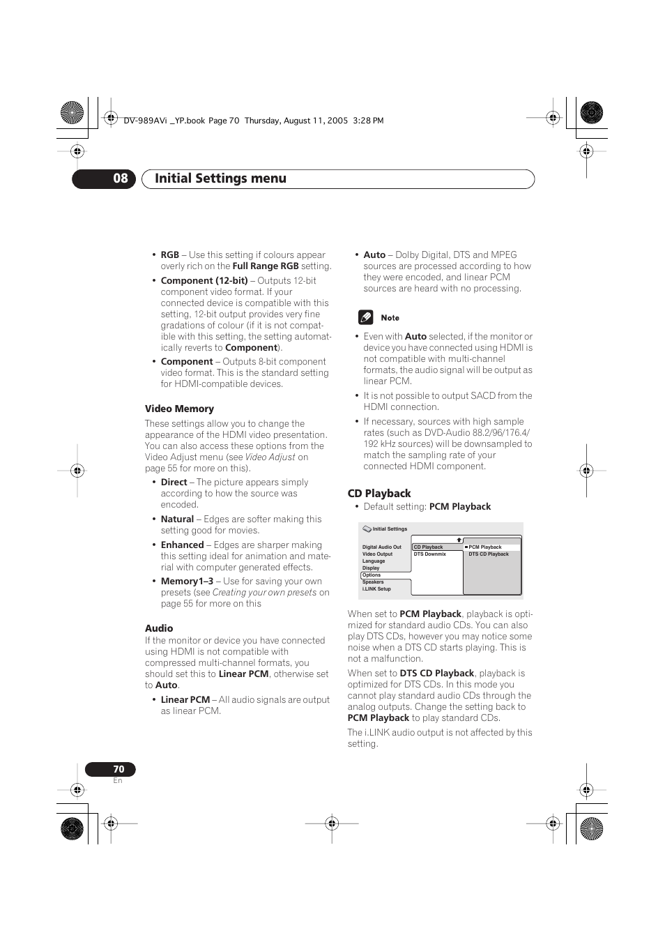 Cd playback, Initial settings menu 08 | Pioneer DV-989AVi-G User Manual | Page 70 / 96