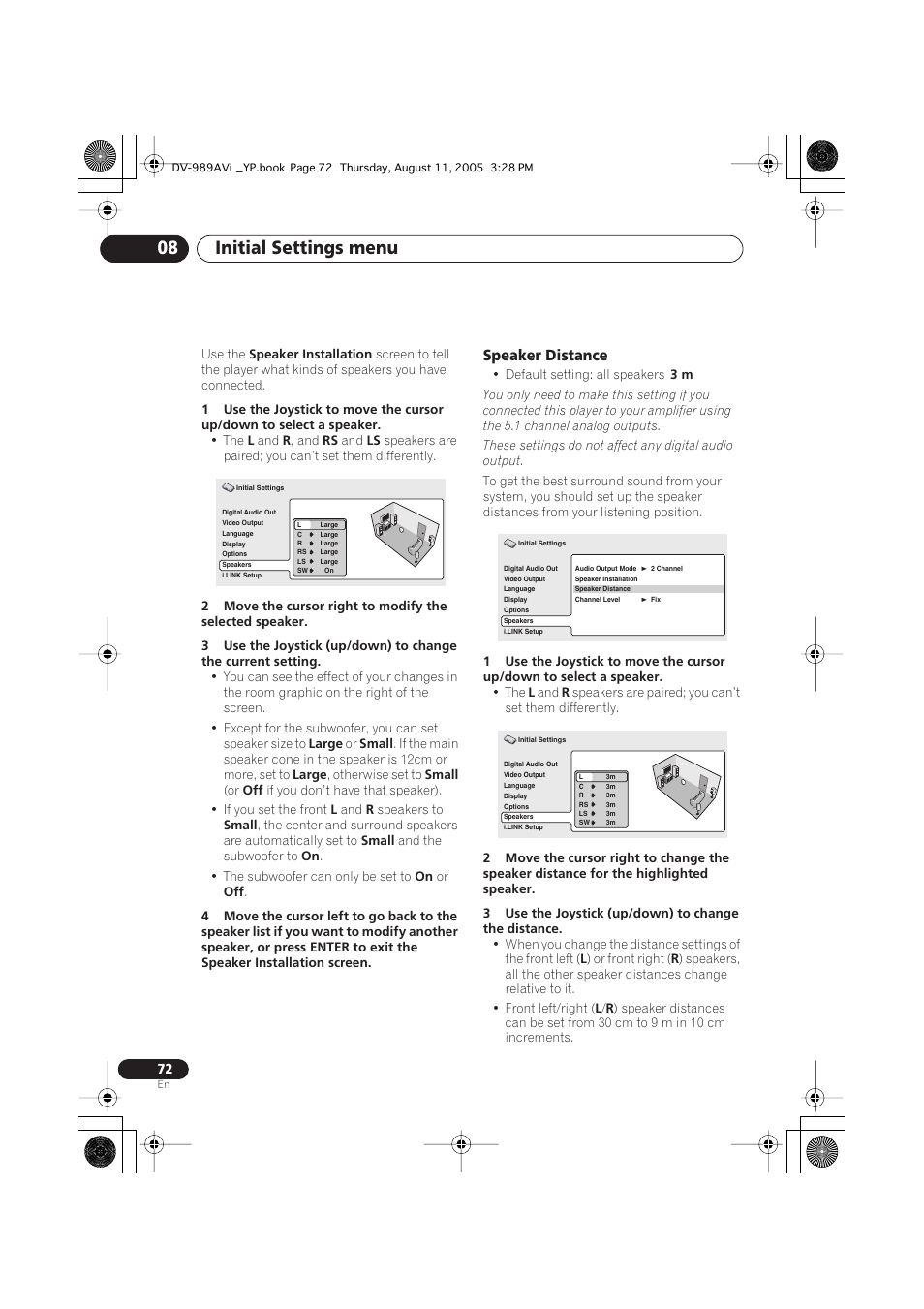 Speaker distance, Initial settings menu 08 | Pioneer DV-989AVi-G User Manual | Page 72 / 96