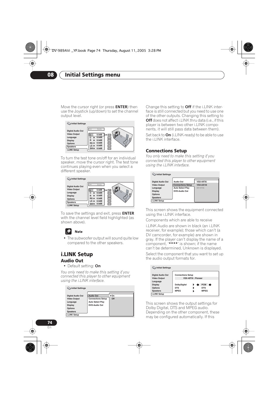 I.link setup, Audio out, Connections setup | Initial settings menu 08 | Pioneer DV-989AVi-G User Manual | Page 74 / 96