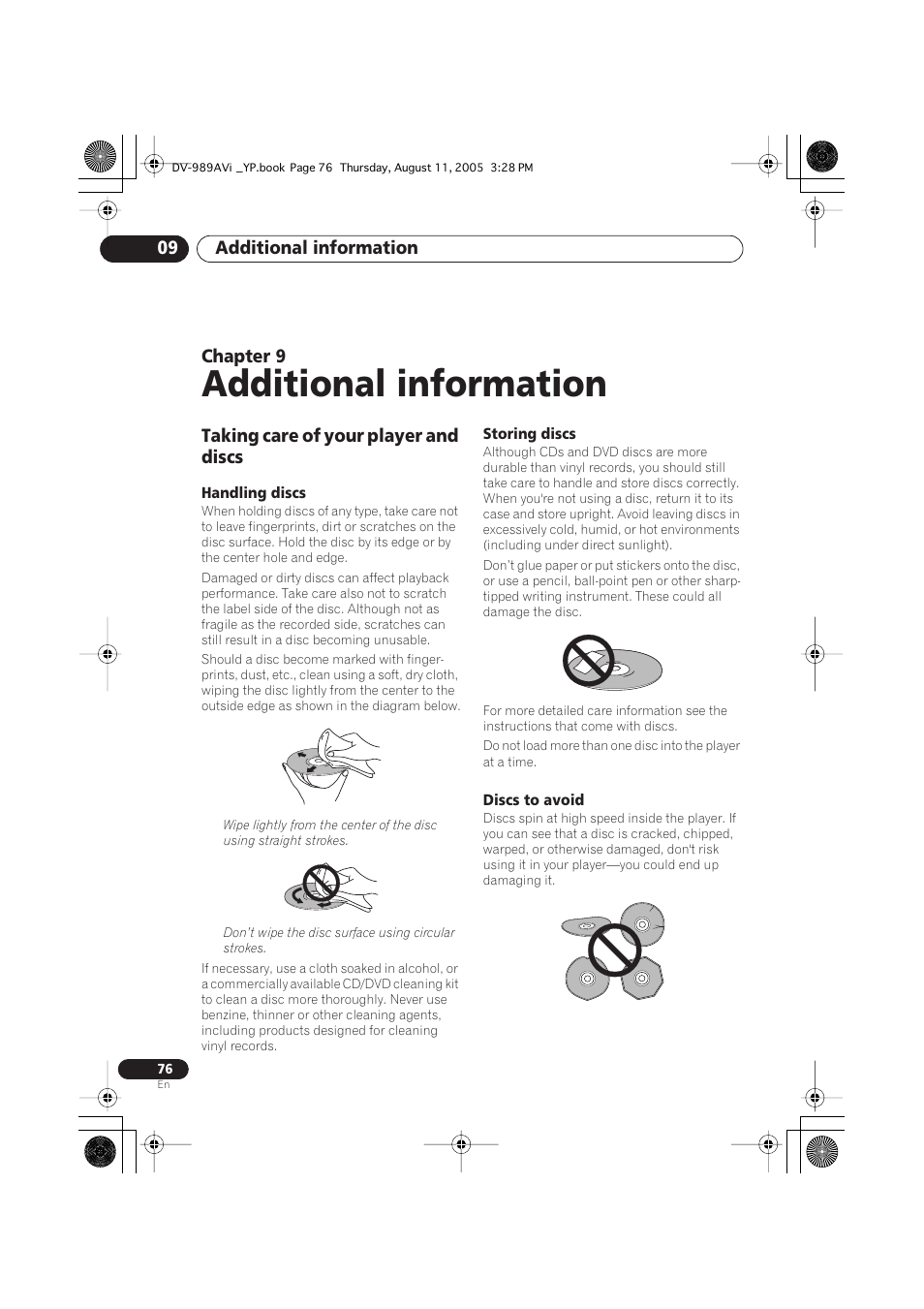 09 additional information, Taking care of your player and discs, Handling discs | Storing discs, Discs to avoid, Additional information | Pioneer DV-989AVi-G User Manual | Page 76 / 96