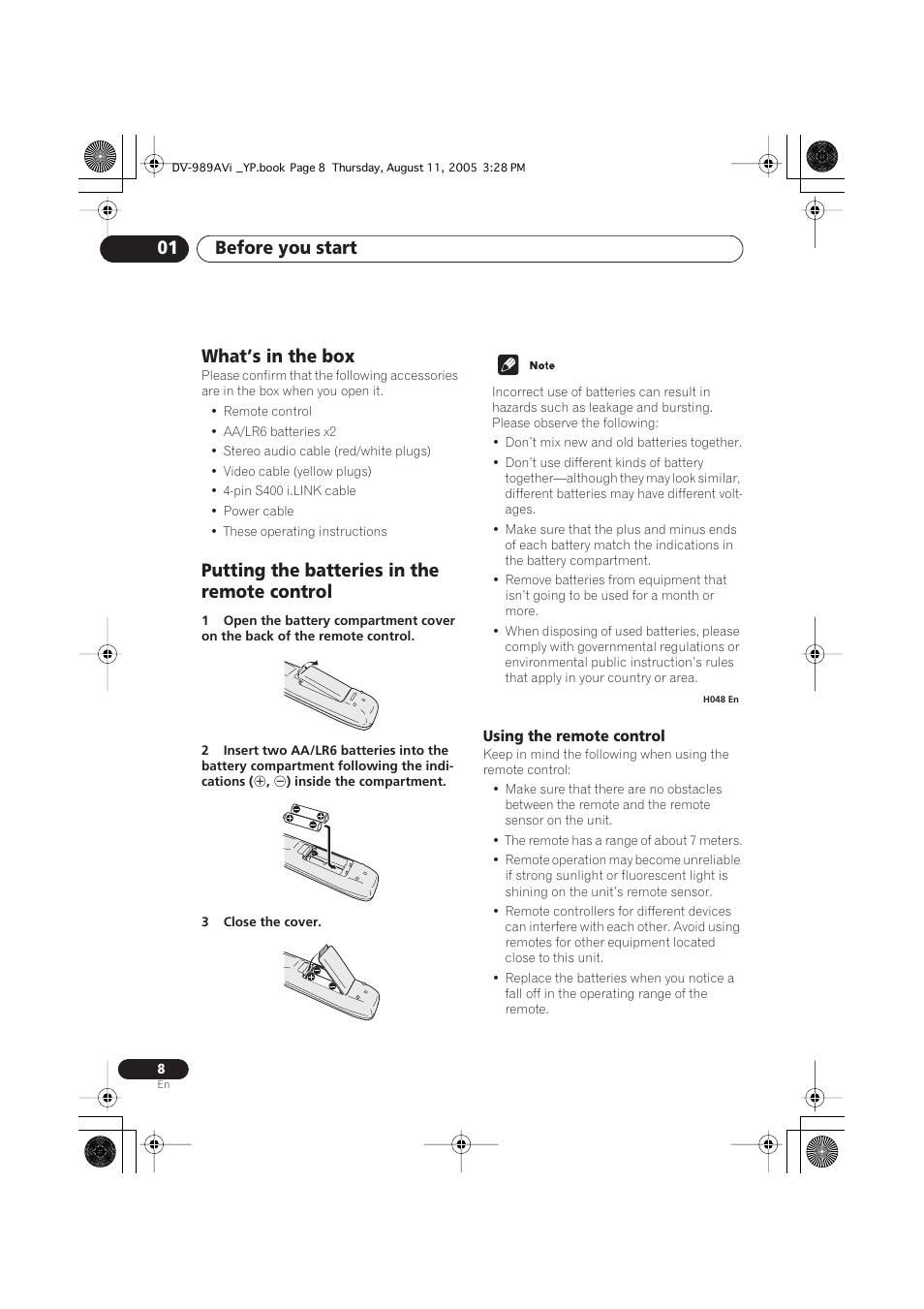 What’s in the box, Putting the batteries in the remote control, Using the remote control | Before you start 01 | Pioneer DV-989AVi-G User Manual | Page 8 / 96