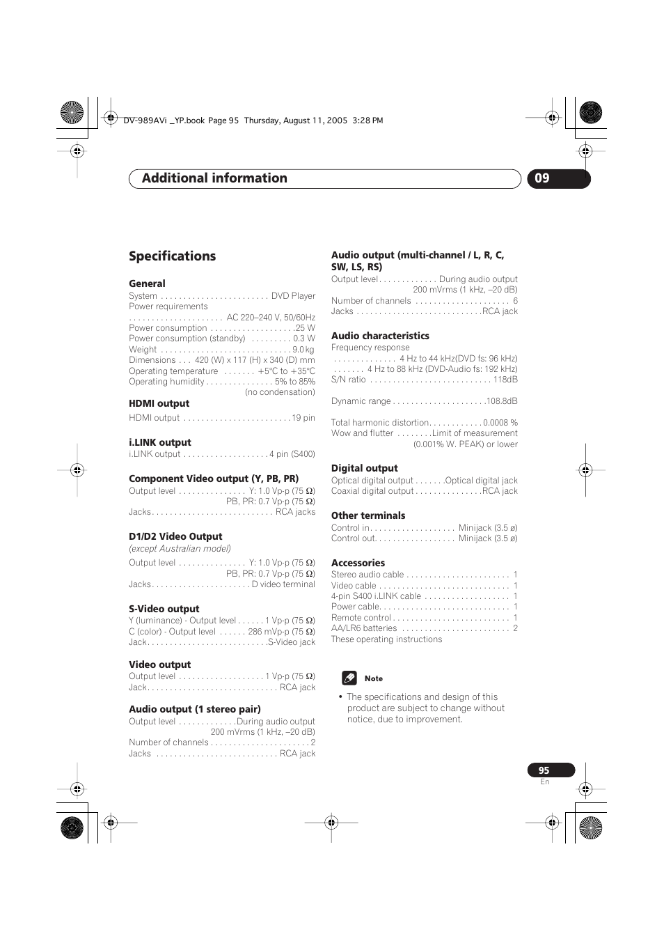 Specifications, Additional information 09 | Pioneer DV-989AVi-G User Manual | Page 95 / 96