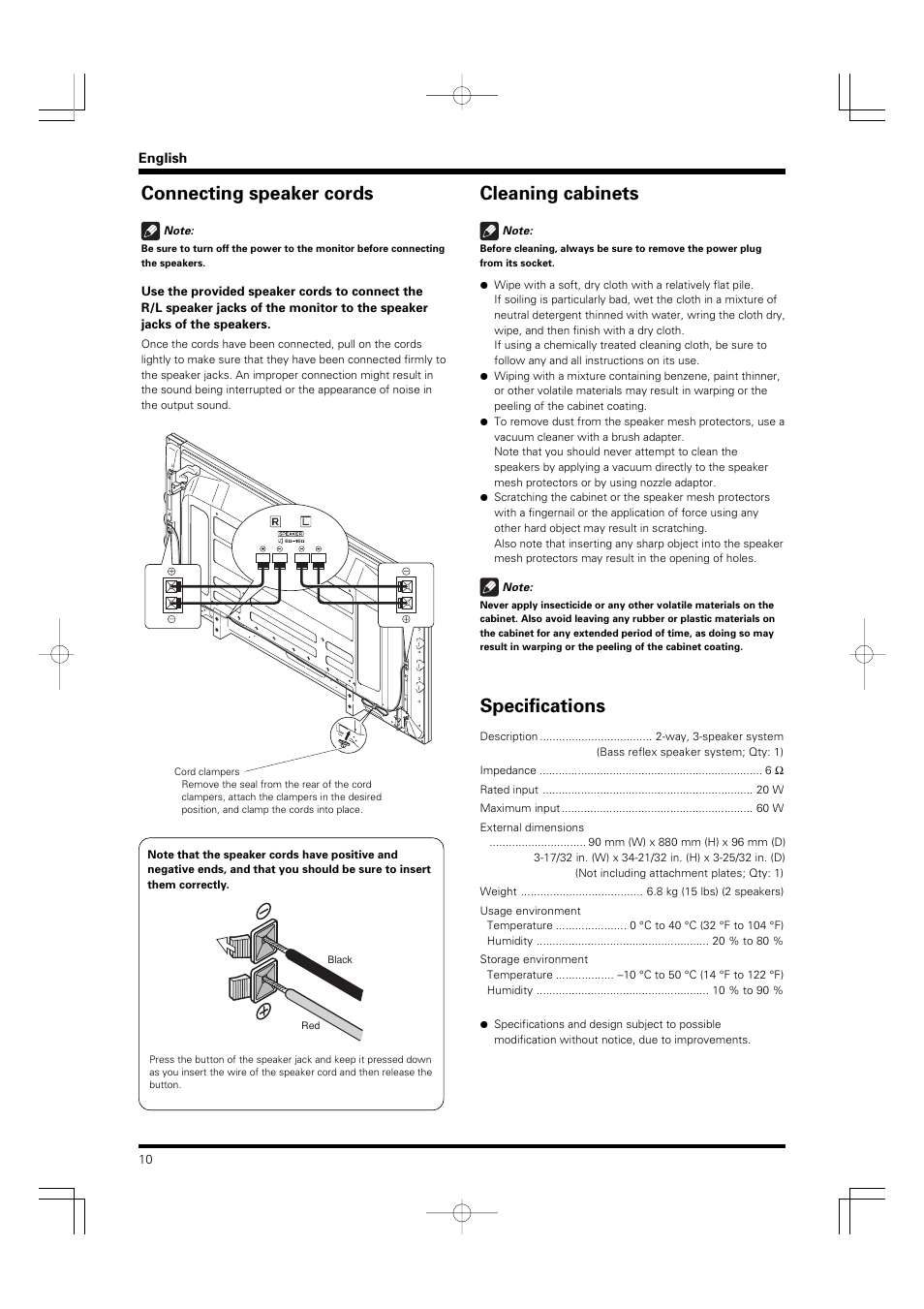 Connecting speaker cords, Cleaning cabinets, Specifications | Pioneer PDP-S55-LR User Manual | Page 10 / 40