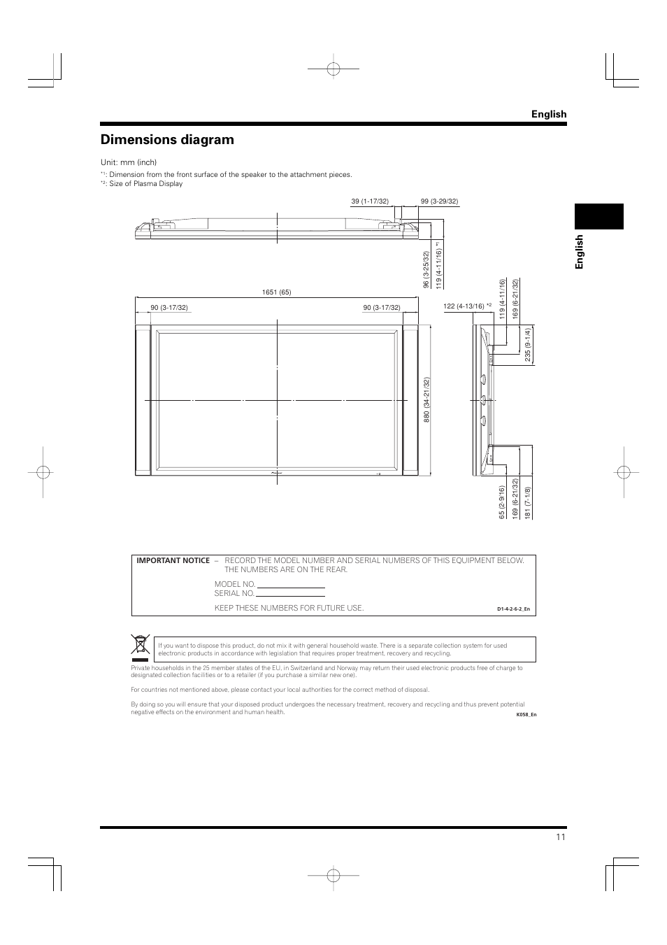 Dimensions diagram, English | Pioneer PDP-S55-LR User Manual | Page 11 / 40