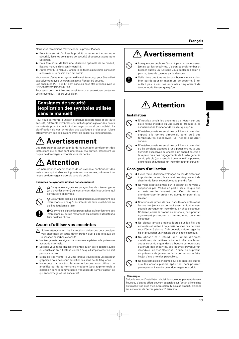 Avertissement, Attention, Avant d’utiliser vos enceintes | Pioneer PDP-S55-LR User Manual | Page 13 / 40