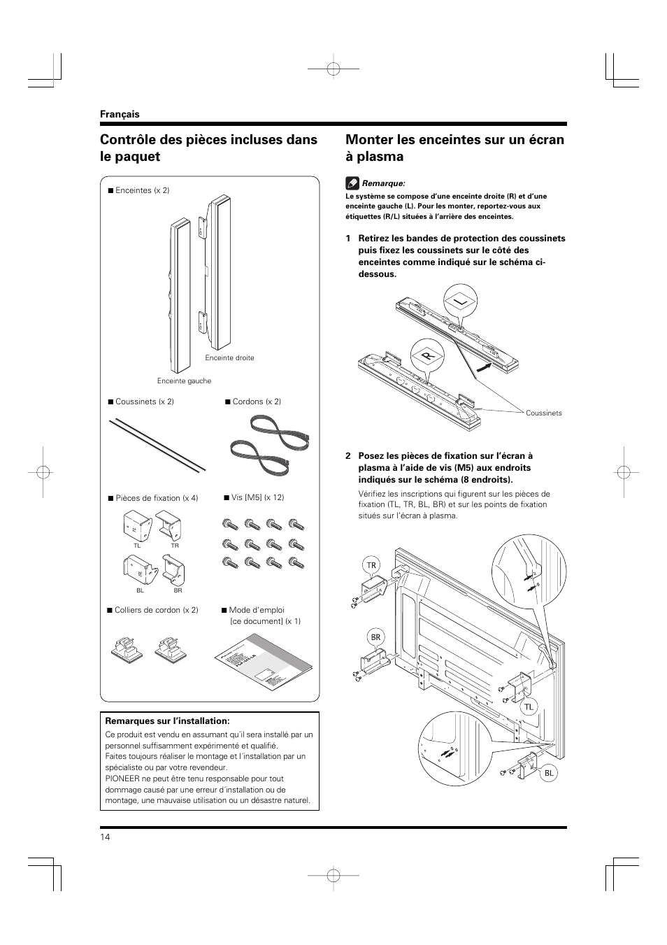 Contrôle des pièces incluses dans le paquet, Monter les enceintes sur un écran à plasma | Pioneer PDP-S55-LR User Manual | Page 14 / 40