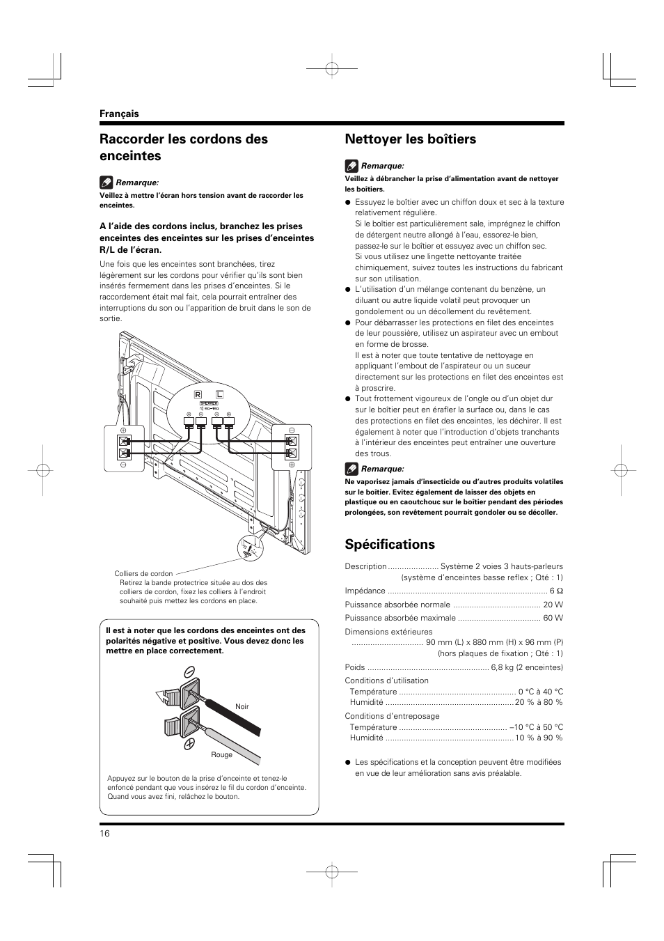 Nettoyer les boîtiers, Spécifications, Raccorder les cordons des enceintes | Pioneer PDP-S55-LR User Manual | Page 16 / 40