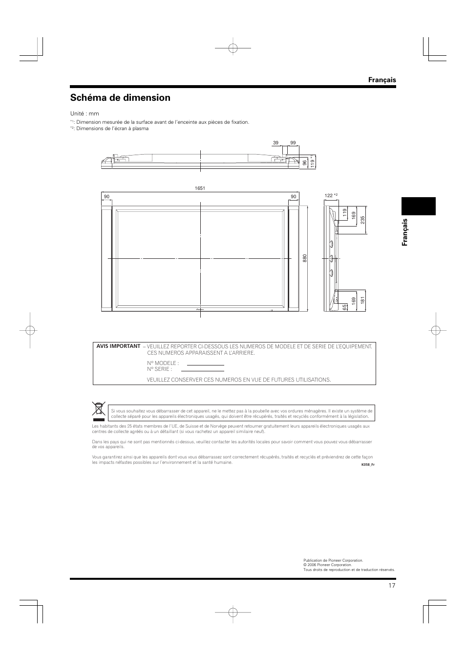 Schéma de dimension, Français fran ç ais | Pioneer PDP-S55-LR User Manual | Page 17 / 40