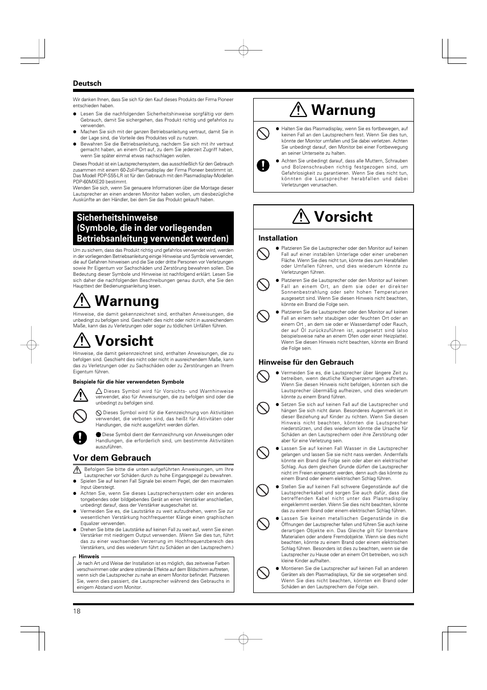 Warnung, Vorsicht, Vor dem gebrauch | Pioneer PDP-S55-LR User Manual | Page 18 / 40