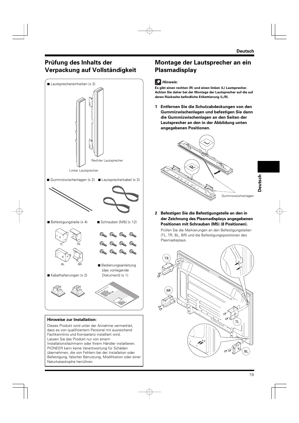 Montage der lautsprecher an ein plasmadisplay | Pioneer PDP-S55-LR User Manual | Page 19 / 40