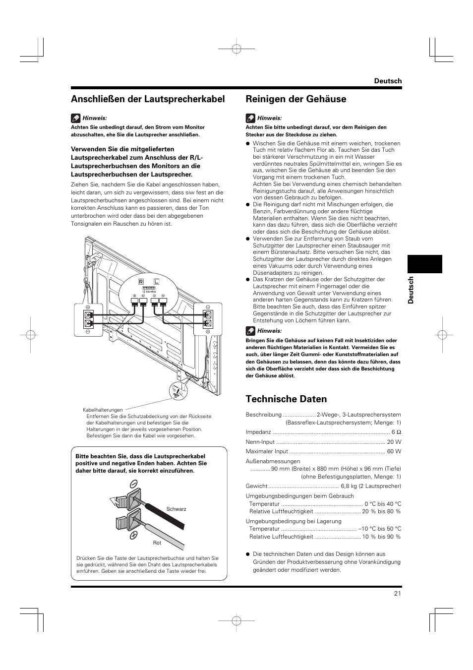 Anschließen der lautsprecherkabel, Reinigen der gehäuse, Technische daten | Pioneer PDP-S55-LR User Manual | Page 21 / 40