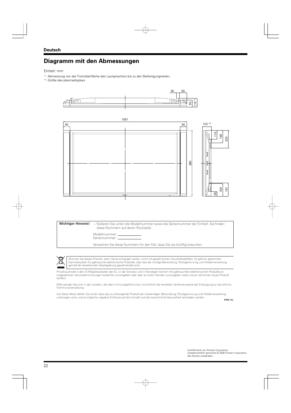 Diagramm mit den abmessungen, Deutsch | Pioneer PDP-S55-LR User Manual | Page 22 / 40