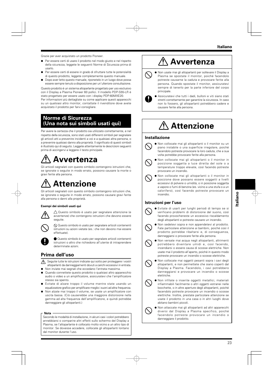 Avvertenza, Attenzione, Prima dell’uso | Pioneer PDP-S55-LR User Manual | Page 23 / 40