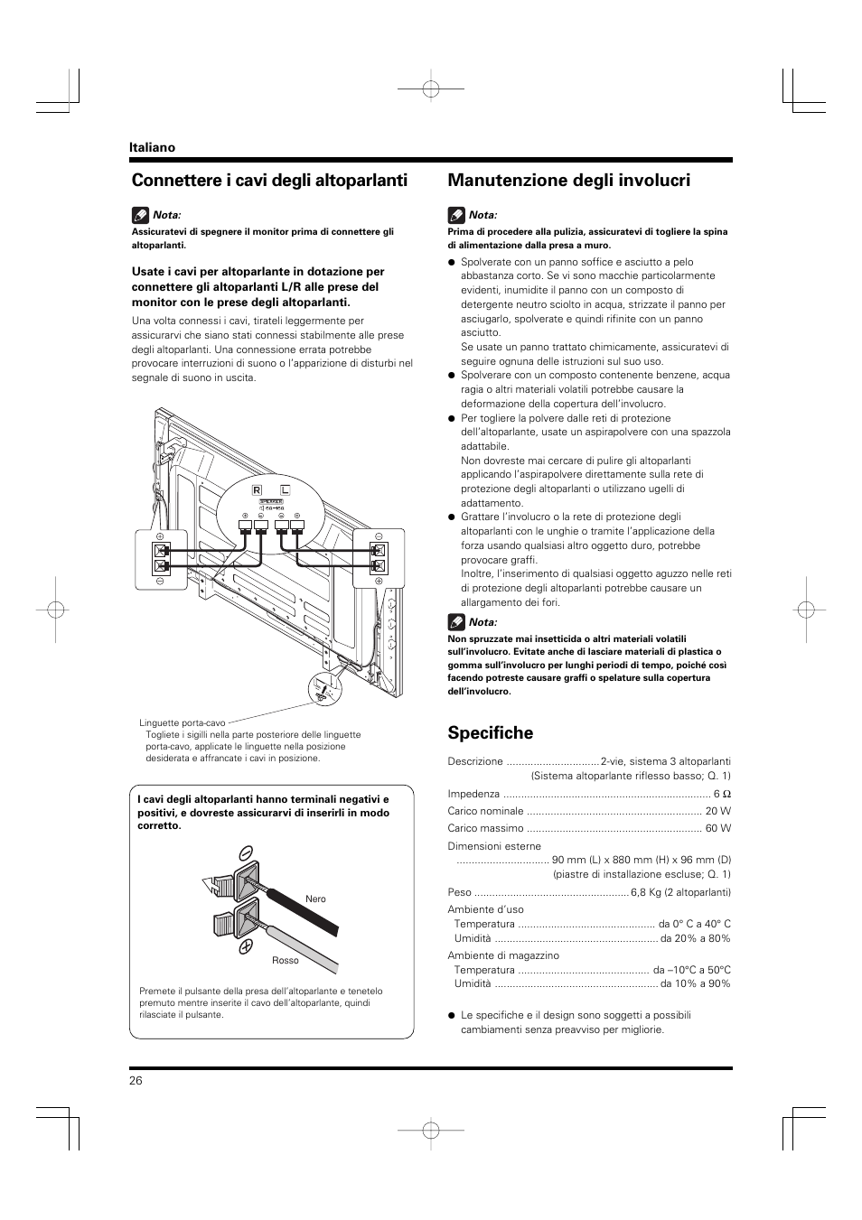 Connettere i cavi degli altoparlanti, Manutenzione degli involucri, Specifiche | Pioneer PDP-S55-LR User Manual | Page 26 / 40
