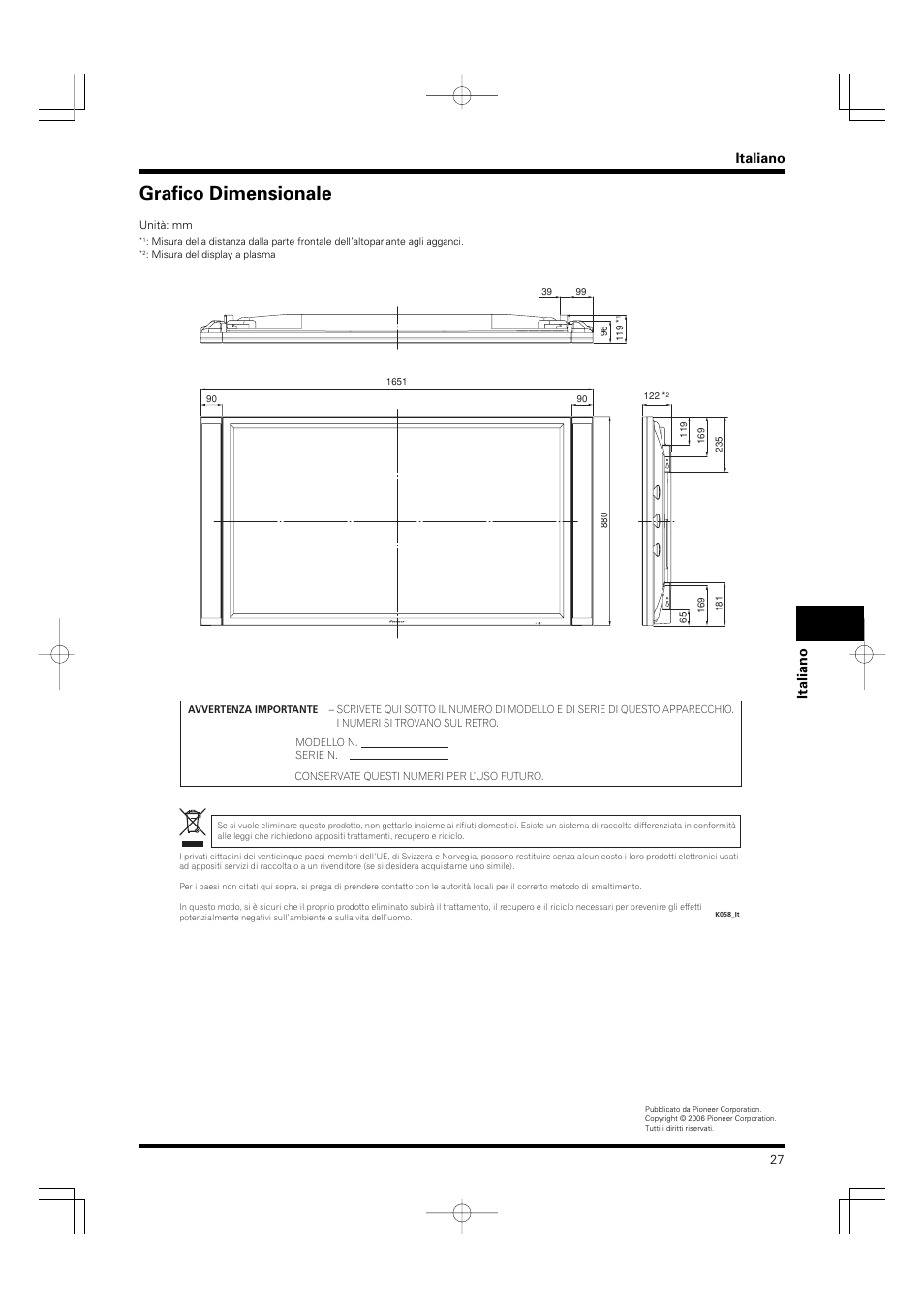 Grafico dimensionale, Italiano | Pioneer PDP-S55-LR User Manual | Page 27 / 40