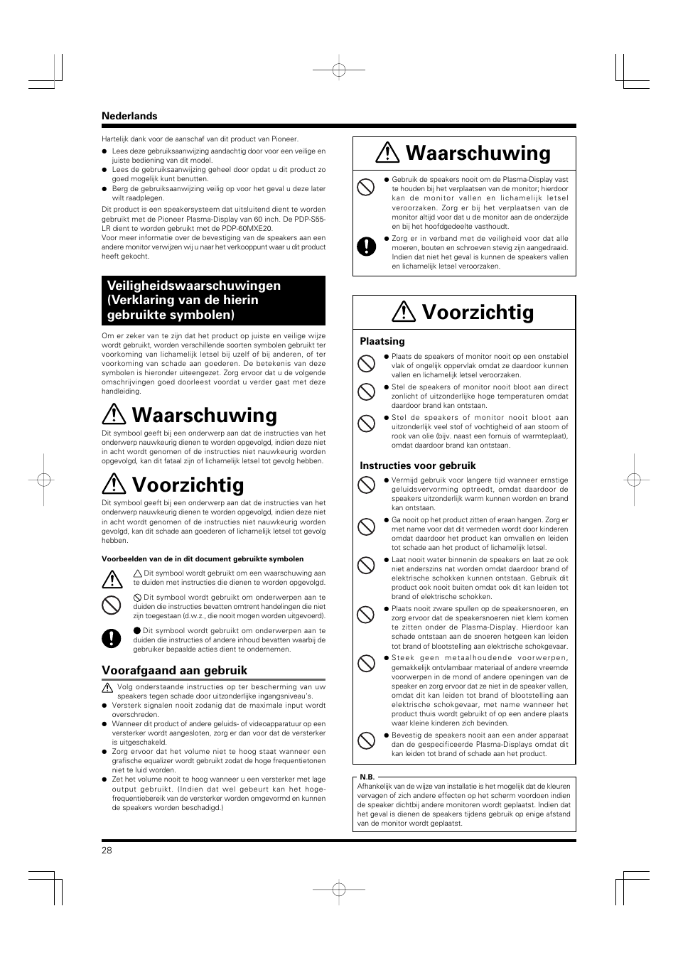 Waarschuwing, Voorzichtig, Voorafgaand aan gebruik | Pioneer PDP-S55-LR User Manual | Page 28 / 40