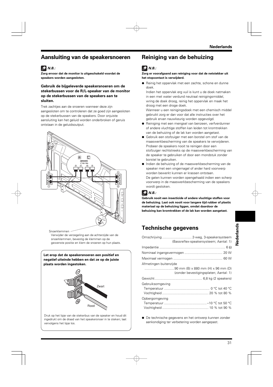 Aansluiting van de speakersnoeren, Reiniging van de behuizing, Technische gegevens | Pioneer PDP-S55-LR User Manual | Page 31 / 40