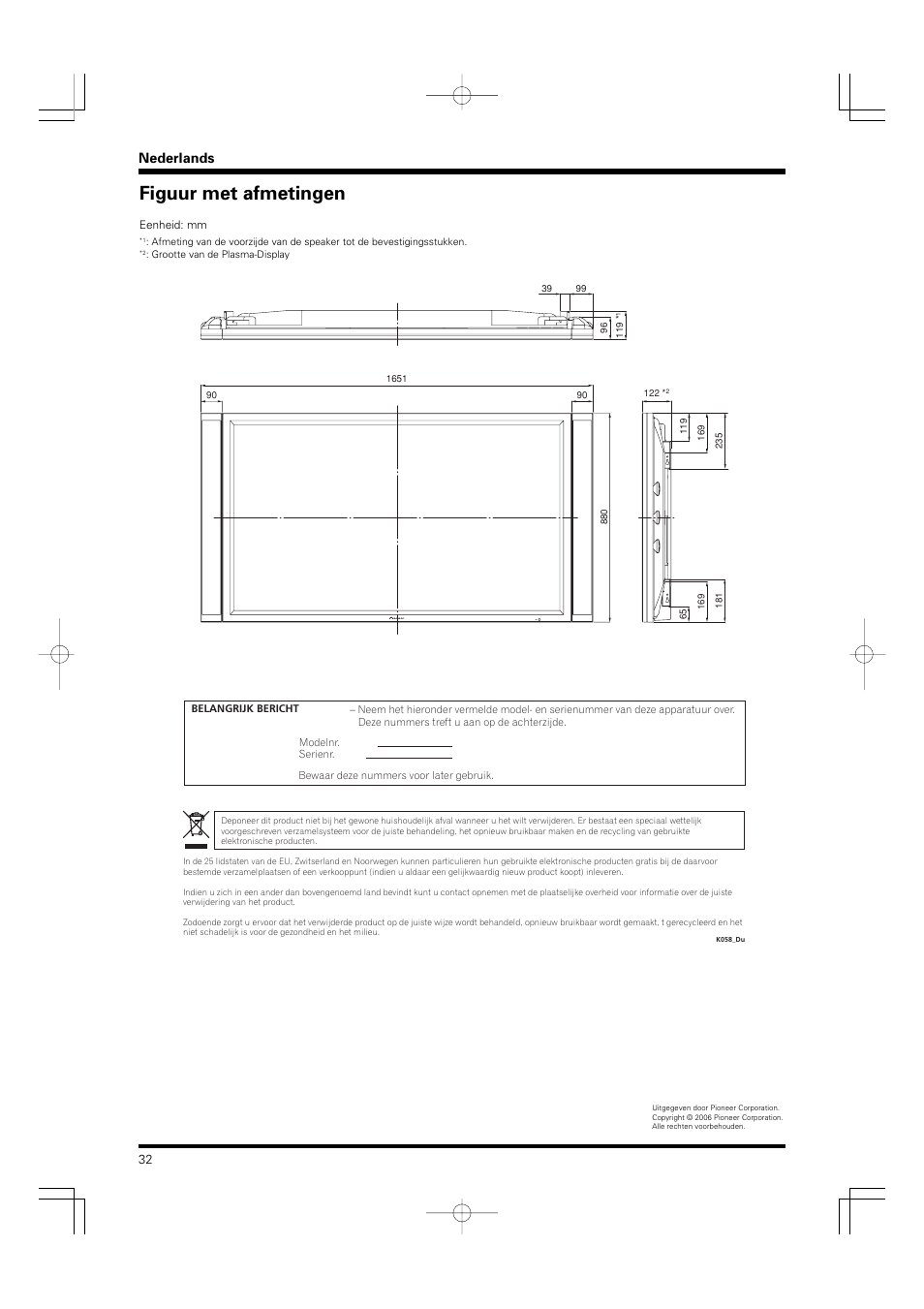 Figuur met afmetingen, Nederlands | Pioneer PDP-S55-LR User Manual | Page 32 / 40