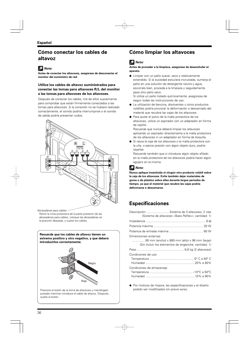 Cómo conectar los cables de altavoz, Cómo limpiar los altavoces, Especificaciones | Pioneer PDP-S55-LR User Manual | Page 36 / 40