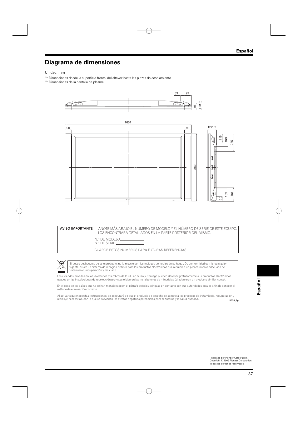 Diagrama de dimensiones, Español espa ñ ol | Pioneer PDP-S55-LR User Manual | Page 37 / 40