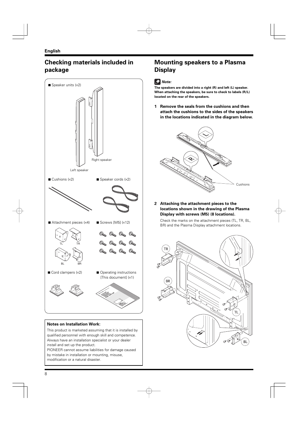 Checking materials included in package, Mounting speakers to a plasma display | Pioneer PDP-S55-LR User Manual | Page 8 / 40