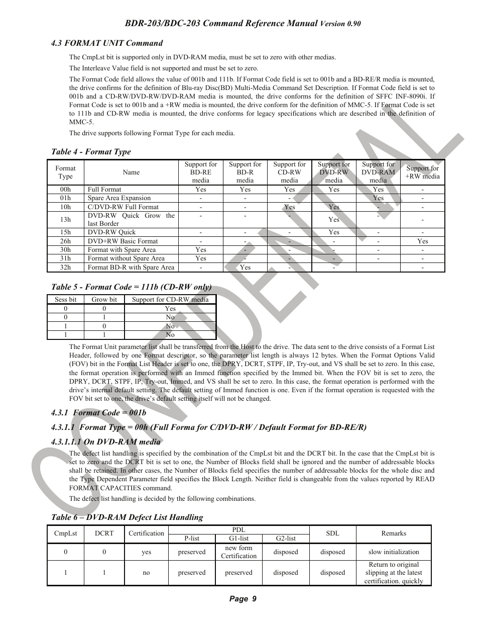 3 format unit command, 1 format code = 001b, 1 on dvd-ram media | Format unit command, Pioneer confidential | Pioneer BDR-203 User Manual | Page 10 / 40