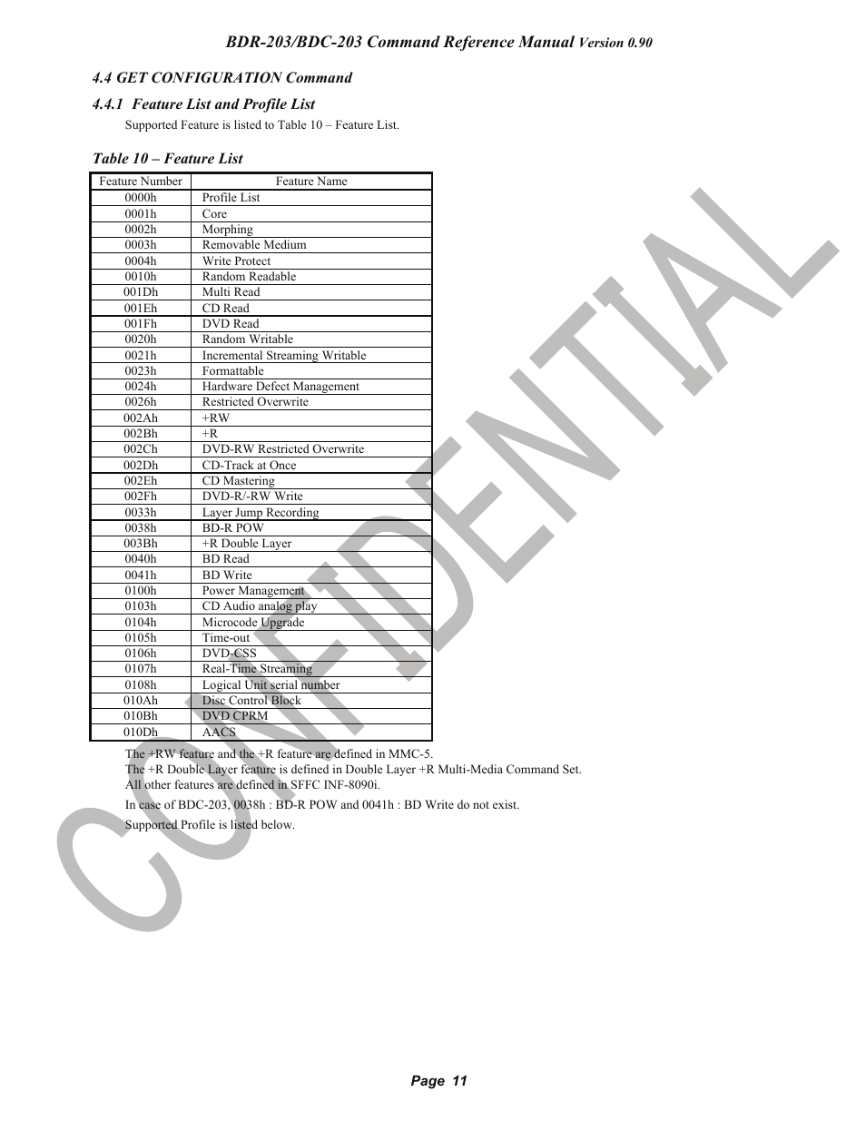 4 get configuration command, 1 feature list and profile list, Get configuration command | Pioneer confidential | Pioneer BDR-203 User Manual | Page 12 / 40