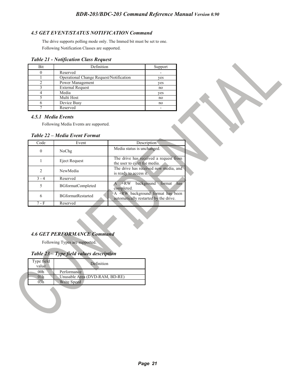 5 get event/status notification command, 1 media events, 6 get performance command | Confidential, Get event/status notification command, Get performance command, Pioneer confidential | Pioneer BDR-203 User Manual | Page 22 / 40