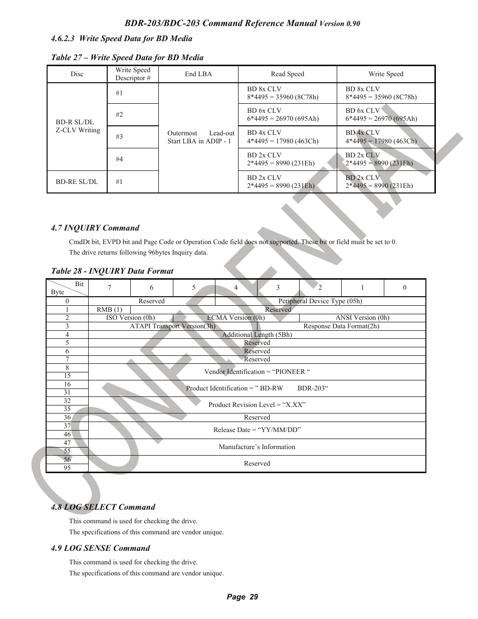 3 write speed data for bd media, 7 inquiry command, 8 log select command | 9 log sense command, Inquiry command, Log select command, Log sense command, Pioneer confidential | Pioneer BDR-203 User Manual | Page 30 / 40